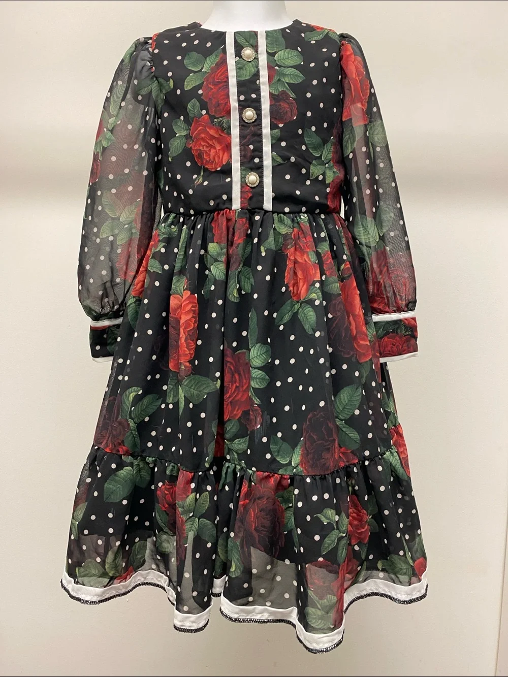 Patachou Black & Red Floral Polka Dot Long Sleeve Girls' Dress